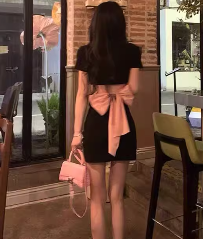 Newest Short Sleeve Strapless Dress Bowknot Fashion Open Waist Short Dress AP0382