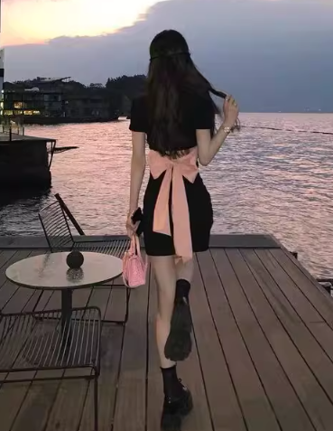 Newest Short Sleeve Strapless Dress Bowknot Fashion Open Waist Short Dress AP0382