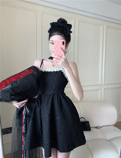 Summer Feast Alluring Mini Skirt Floral Trimmed Embroidery Spaghetti Strap Short Dress AP0384