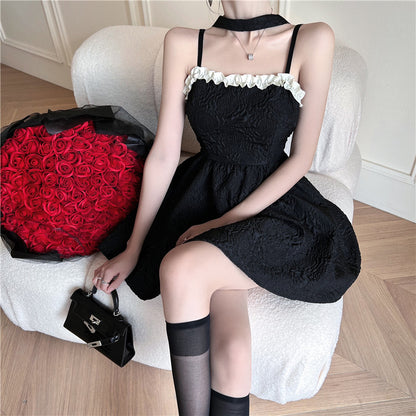 Summer Feast Alluring Mini Skirt Floral Trimmed Embroidery Spaghetti Strap Short Dress AP0384