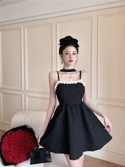 Summer Feast Alluring Mini Skirt Floral Trimmed Embroidery Spaghetti Strap Short Dress AP0384