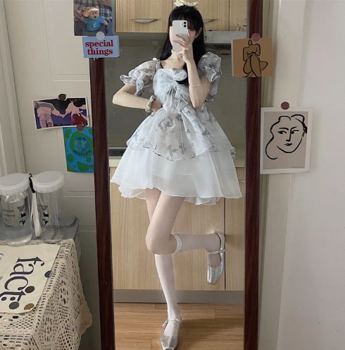 Floral Short Sleeve Summer Cute Skirt Elegant Tulle Hem Ball Gown Short Dress AP0385