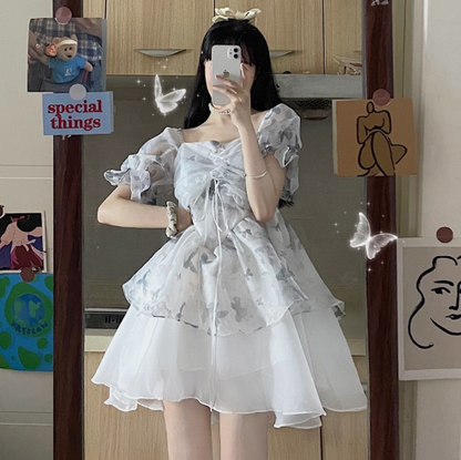 Floral Short Sleeve Summer Cute Skirt Elegant Tulle Hem Ball Gown Short Dress AP0385