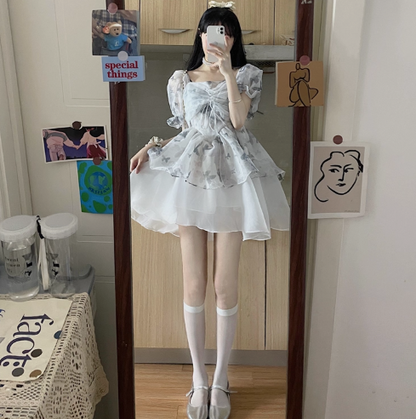 Floral Short Sleeve Summer Cute Skirt Elegant Tulle Hem Ball Gown Short Dress AP0385