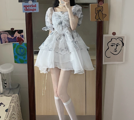 Floral Short Sleeve Summer Cute Skirt Elegant Tulle Hem Ball Gown Short Dress AP0385