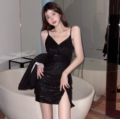 Sweetheart Neck Elegant Sparkle Slit Hem Skirt Party Shiny Short Dress AP0386