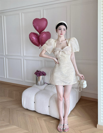 Bowknot Short Sleeve Summer Shimmering Skirt Elegant Ball Gown Short Dress AP0387