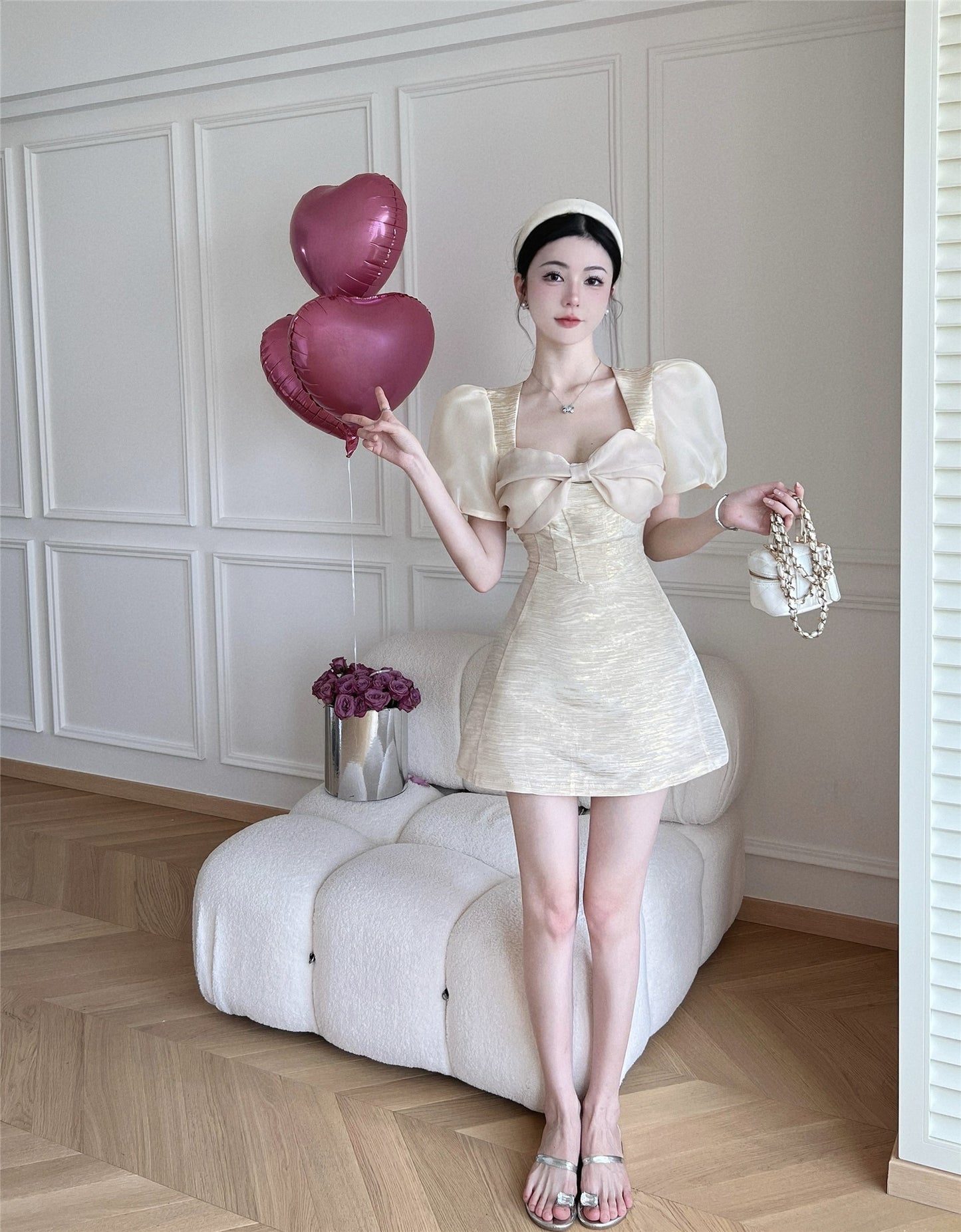 Bowknot Short Sleeve Summer Shimmering Skirt Elegant Ball Gown Short Dress AP0387