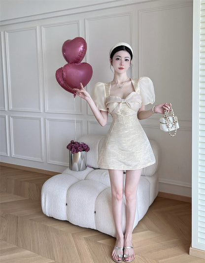 Bowknot Short Sleeve Summer Shimmering Skirt Elegant Ball Gown Short Dress AP0387