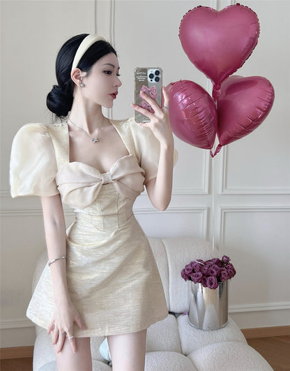 Bowknot Short Sleeve Summer Shimmering Skirt Elegant Ball Gown Short Dress AP0387