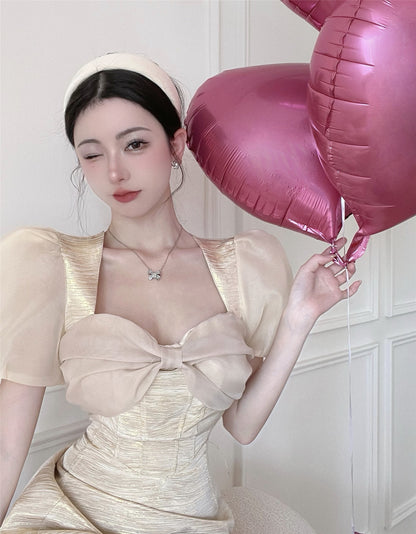 Bowknot Short Sleeve Summer Shimmering Skirt Elegant Ball Gown Short Dress AP0387