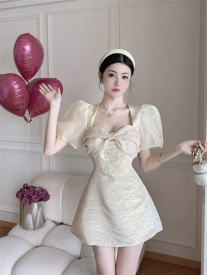 Bowknot Short Sleeve Summer Shimmering Skirt Elegant Ball Gown Short Dress AP0387