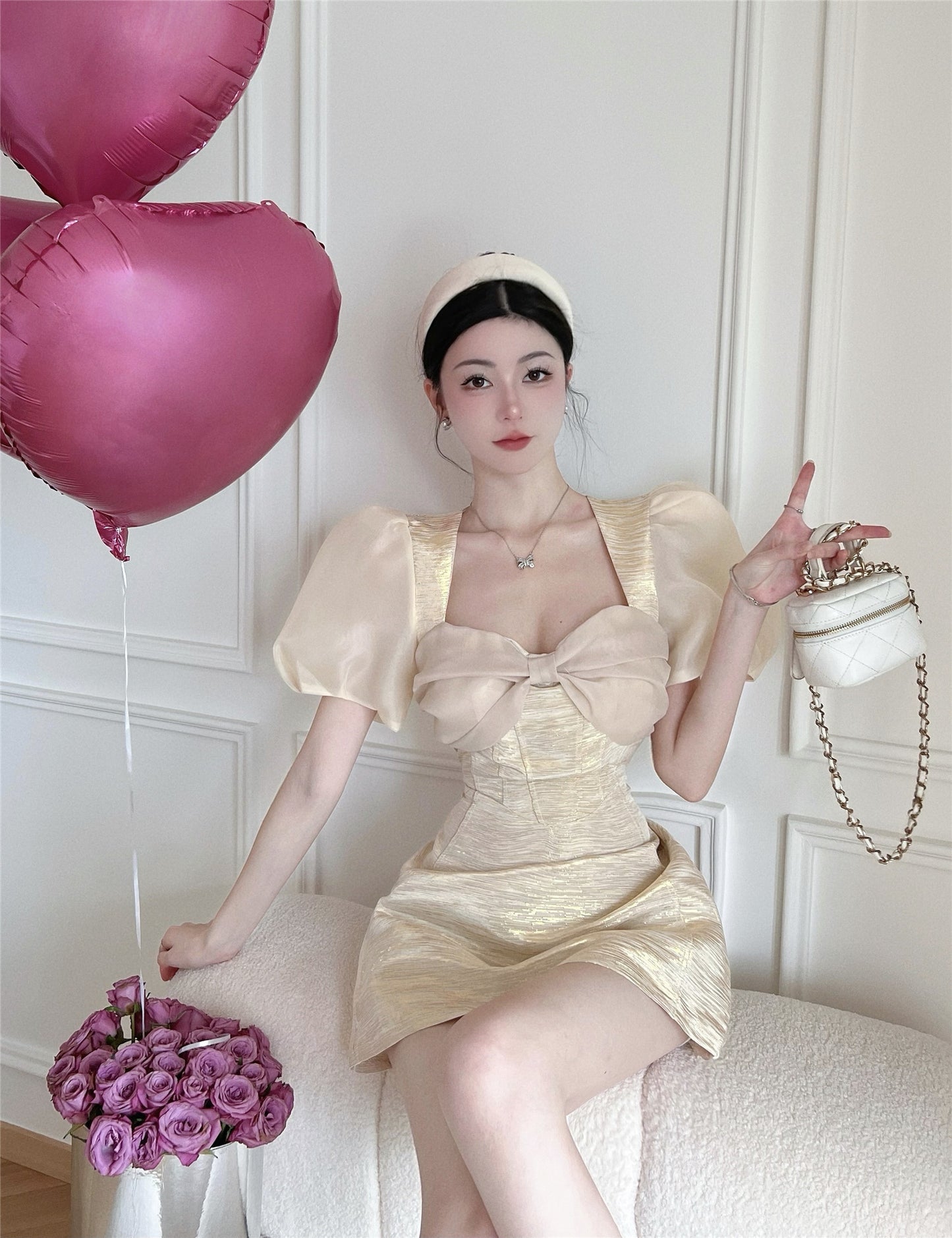 Bowknot Short Sleeve Summer Shimmering Skirt Elegant Ball Gown Short Dress AP0387