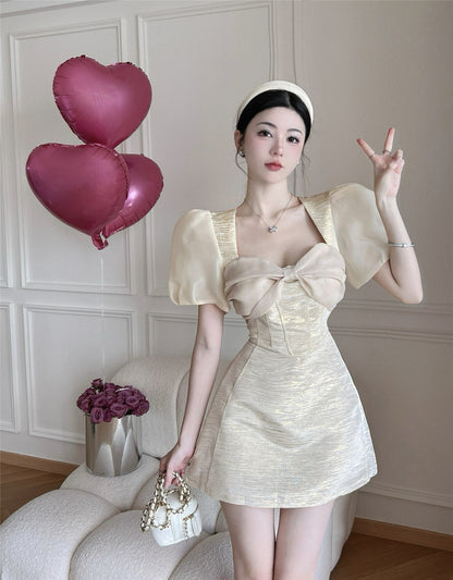Bowknot Short Sleeve Summer Shimmering Skirt Elegant Ball Gown Short Dress AP0387