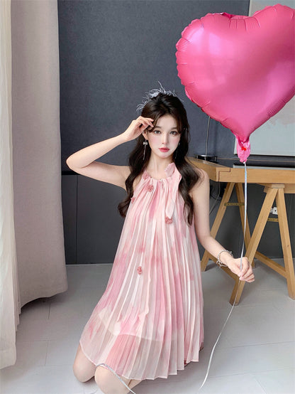 Sweet Style Oversize Skirt Everyday Wear Sleeveless Flowy Pressed Pleats Halter Short Dress AP0389