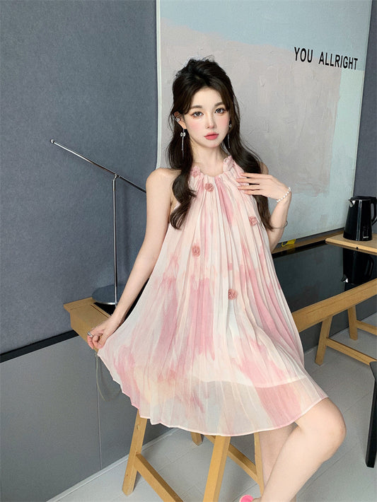 Sweet Style Oversize Skirt Everyday Wear Sleeveless Flowy Pressed Pleats Halter Short Dress AP0389