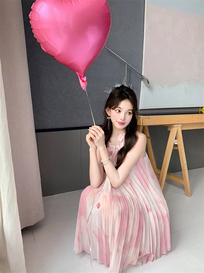 Sweet Style Oversize Skirt Everyday Wear Sleeveless Flowy Pressed Pleats Halter Short Dress AP0389