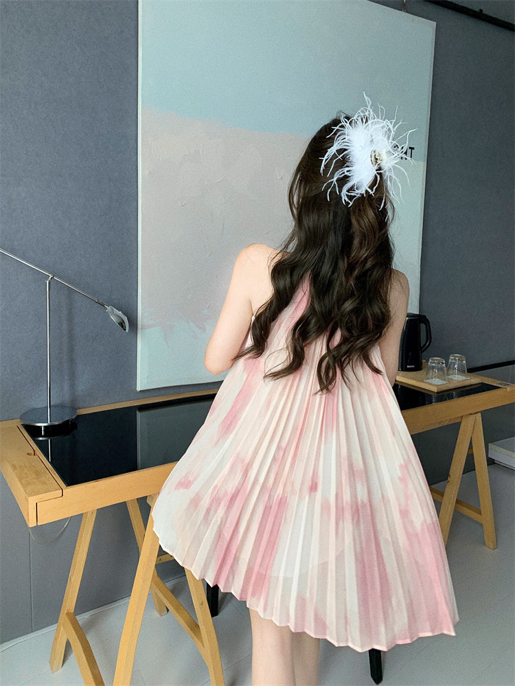 Sweet Style Oversize Skirt Everyday Wear Sleeveless Flowy Pressed Pleats Halter Short Dress AP0389