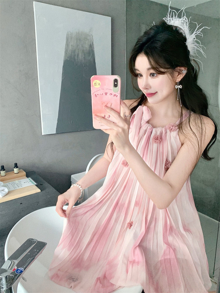 Sweet Style Oversize Skirt Everyday Wear Sleeveless Flowy Pressed Pleats Halter Short Dress AP0389