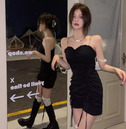 Fashion Women Breathable Material Mini Skirt Spaghetti Strap Rouched  Party Short Dress AP0390