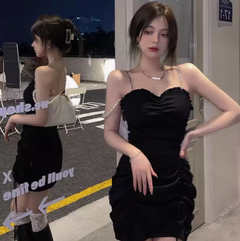 Fashion Women Breathable Material Mini Skirt Spaghetti Strap Rouched  Party Short Dress AP0390