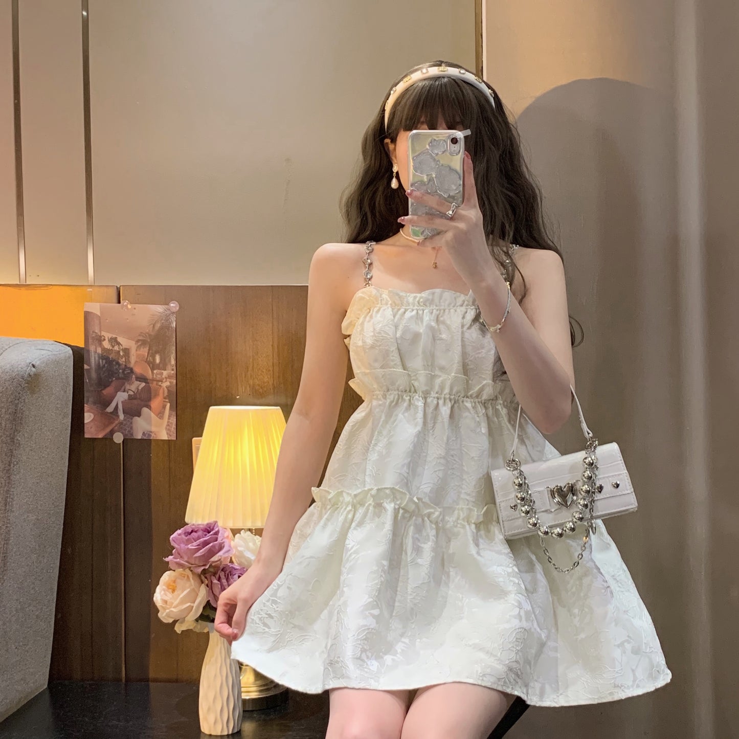 Summer Everyday Wear Alluring Mini Skirt Cute Flowy Shimmering Spaghetti Strap Short Dress AP0392