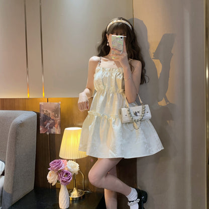 Summer Everyday Wear Alluring Mini Skirt Cute Flowy Shimmering Spaghetti Strap Short Dress AP0392