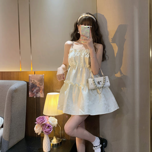 Summer Everyday Wear Alluring Mini Skirt Cute Flowy Shimmering Spaghetti Strap Short Dress AP0392