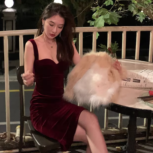 French Chic Banquet Vintage Women Mini Skirt Spaghetti Strap Velour Party Short Dress AP0393