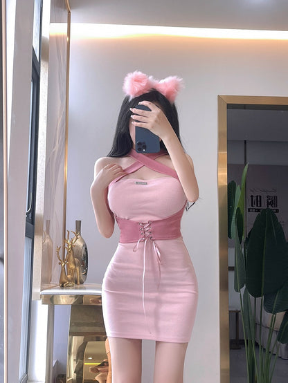 Waist-Cinching Sensual Breathable Fabric Halter Dress Vogue Close-Fitting Halter Short Dress AP0394