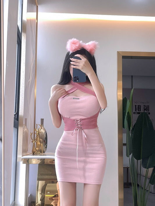 Waist-Cinching Sensual Breathable Fabric Halter Dress Vogue Close-Fitting Halter Short Dress AP0394