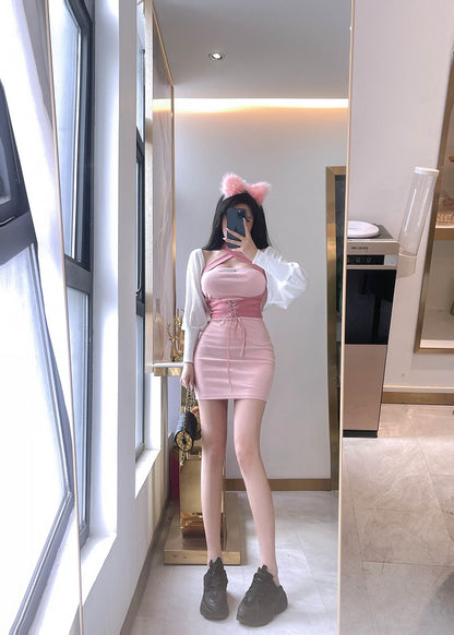 Waist-Cinching Sensual Breathable Fabric Halter Dress Vogue Close-Fitting Halter Short Dress AP0394