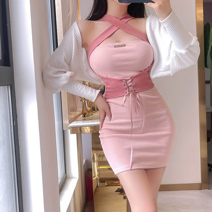 Waist-Cinching Sensual Breathable Fabric Halter Dress Vogue Close-Fitting Halter Short Dress AP0394