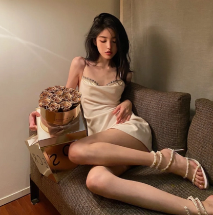 Vogue Women Breathable Material Short Skirt Spaghetti Strap  French Chic Party Short Dress AP0395