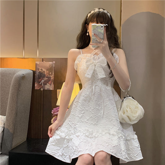 Everyday Wear Bowknot Ornament Cute Mini Skirt Noble Shimmering French Chic Short Dress AP0397