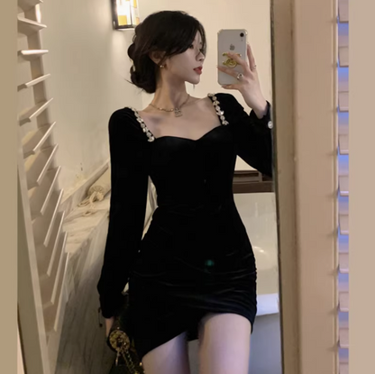 Noble Velvet Long Sleeve Sexy Dress Strapless LBD French Chic Short Dress AP0398