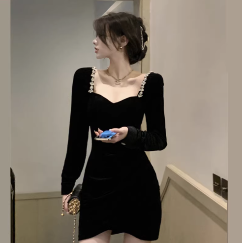 Noble Velvet Long Sleeve Sexy Dress Strapless LBD French Chic Short Dress AP0398