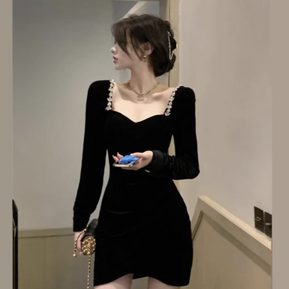 Noble Velvet Long Sleeve Sexy Dress Strapless LBD French Chic Short Dress AP0398