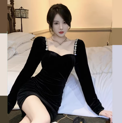 Noble Velvet Long Sleeve Sexy Dress Strapless LBD French Chic Short Dress AP0398