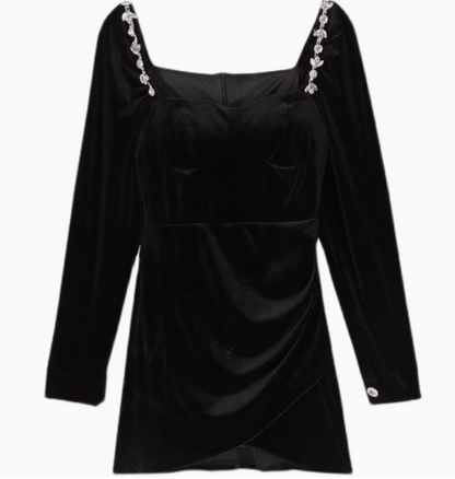 Noble Velvet Long Sleeve Sexy Dress Strapless LBD French Chic Short Dress AP0398