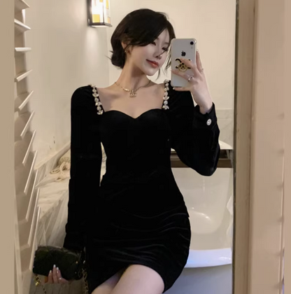 Noble Velvet Long Sleeve Sexy Dress Strapless LBD French Chic Short Dress AP0398