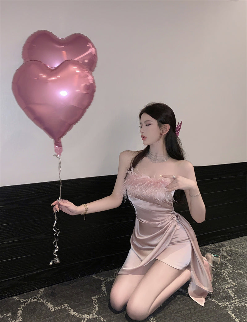 Cute Sleeveless Party Dress Strapless Casual Asymmetrical Hem Short Dress AP0399