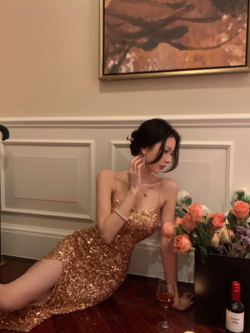 2025 Newest Sexy Lady Sparkle High-Slit Elegant Party Shiny Women Dress AP0400