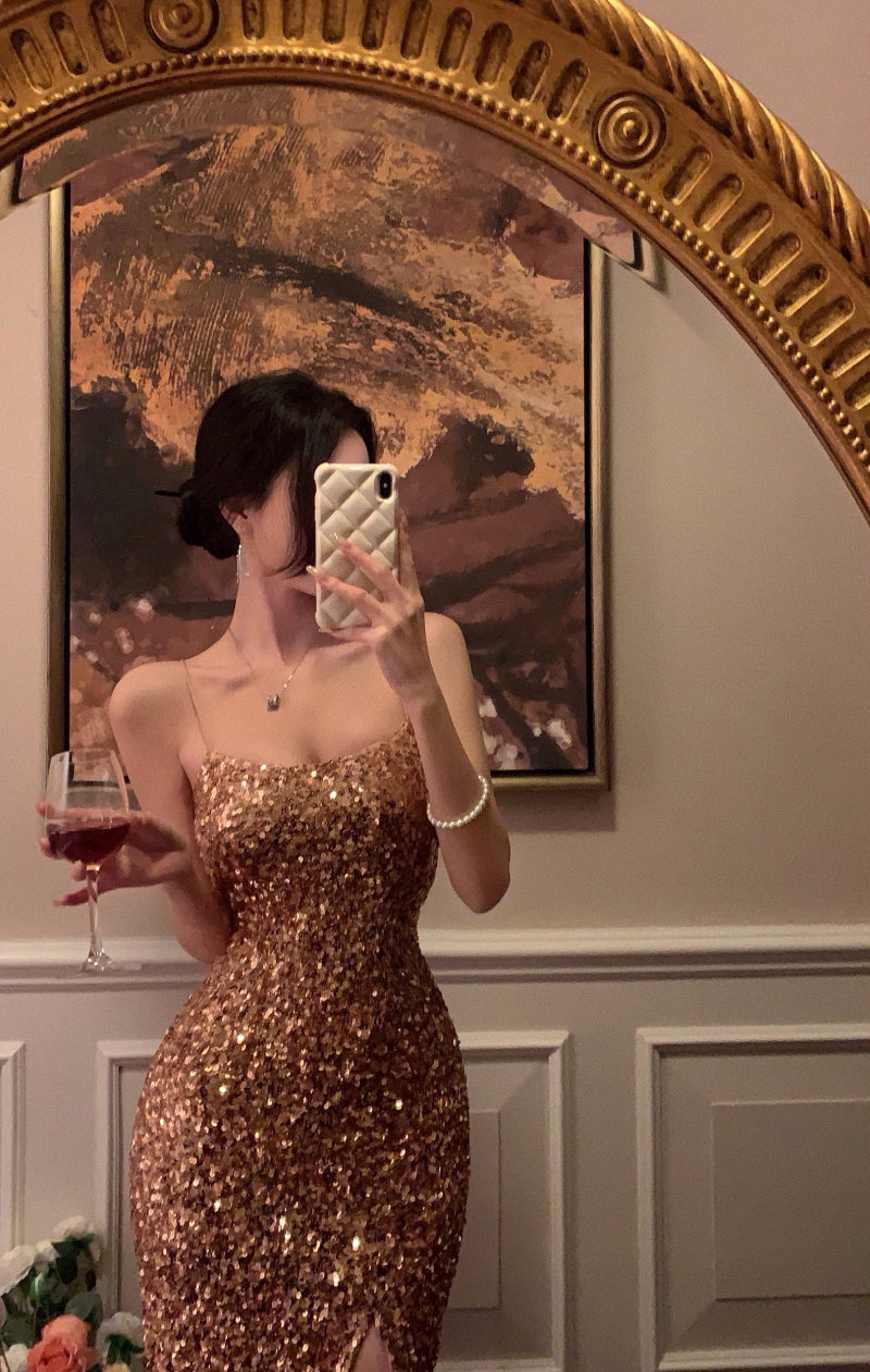 2025 Newest Sexy Lady Sparkle High-Slit Elegant Party Shiny Women Dress AP0400