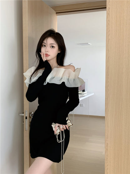 Long Sleeve Off-Shoulder Elegant Summer Skirt Strapless Ruffled Trimmed Short Dress AP0402