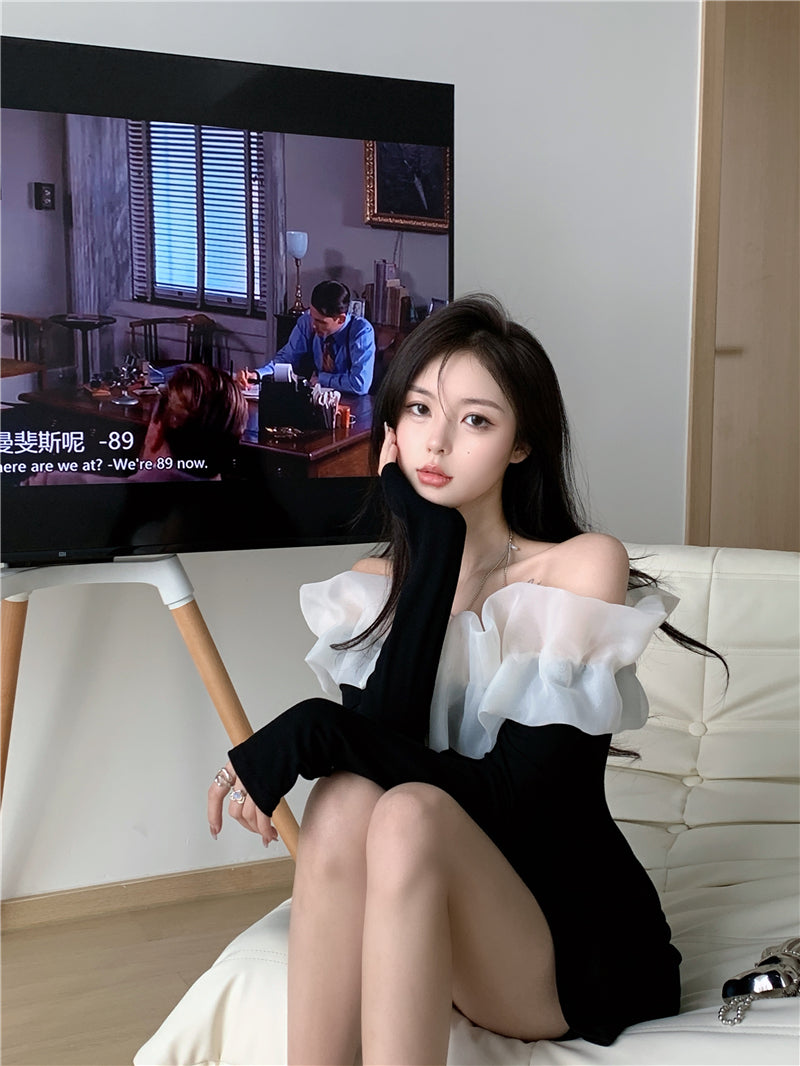 Long Sleeve Off-Shoulder Elegant Summer Skirt Strapless Ruffled Trimmed Short Dress AP0402