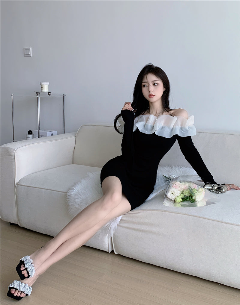 Long Sleeve Off-Shoulder Elegant Summer Skirt Strapless Ruffled Trimmed Short Dress AP0402