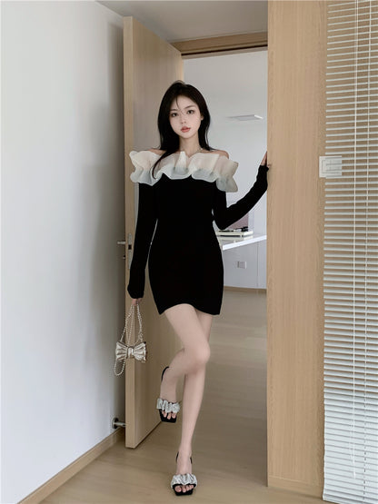 Long Sleeve Off-Shoulder Elegant Summer Skirt Strapless Ruffled Trimmed Short Dress AP0402