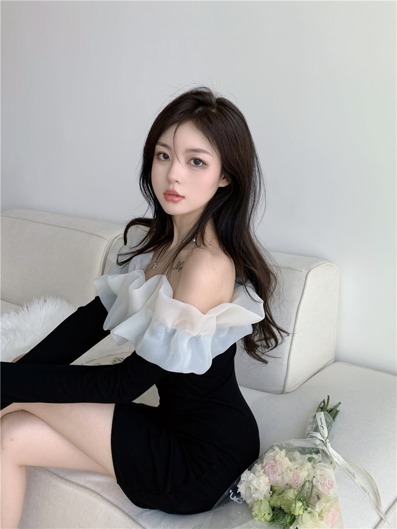 Long Sleeve Off-Shoulder Elegant Summer Skirt Strapless Ruffled Trimmed Short Dress AP0402