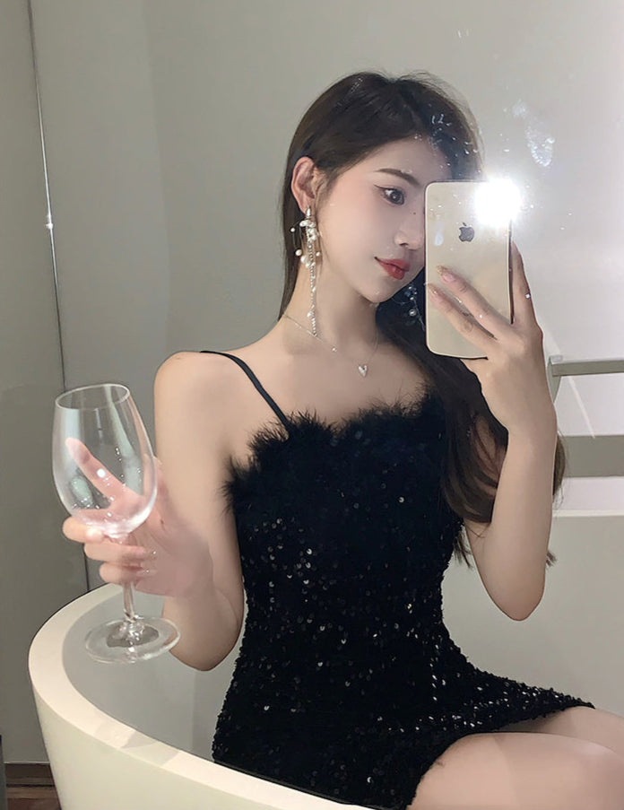 Vogue Women Paillette Mini Skirt Spaghetti Strap Sexy Party Hugging Short Dress AP0404